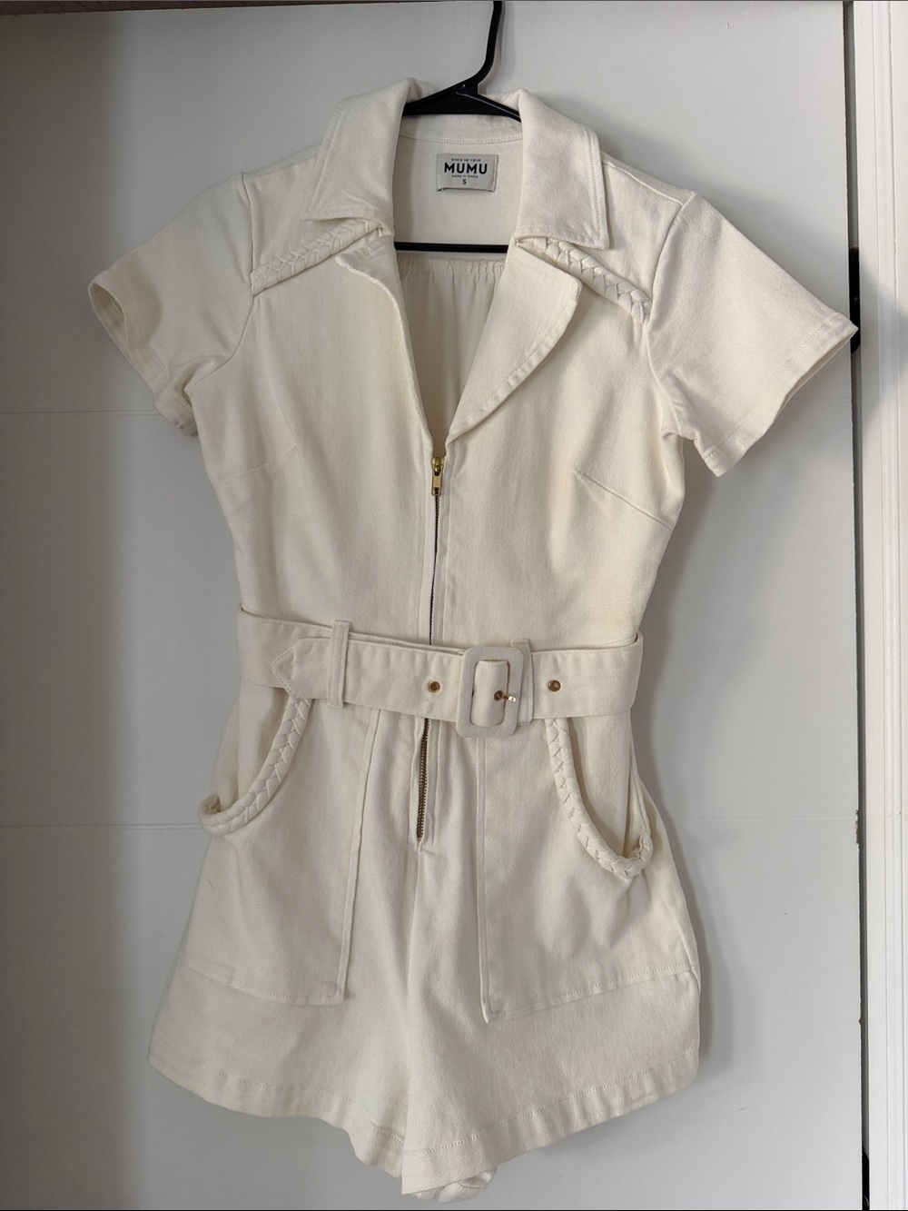 Mumu Cream Short-Sleeve Zip Romper with Belt